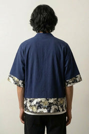Kimono Style Shirt 'Arata  x Watanabe' — The navy kimono shirt with a garden hidden in the blue