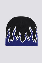 Flame beanie close-up - ribbed acrylic knit with flame motif, street style