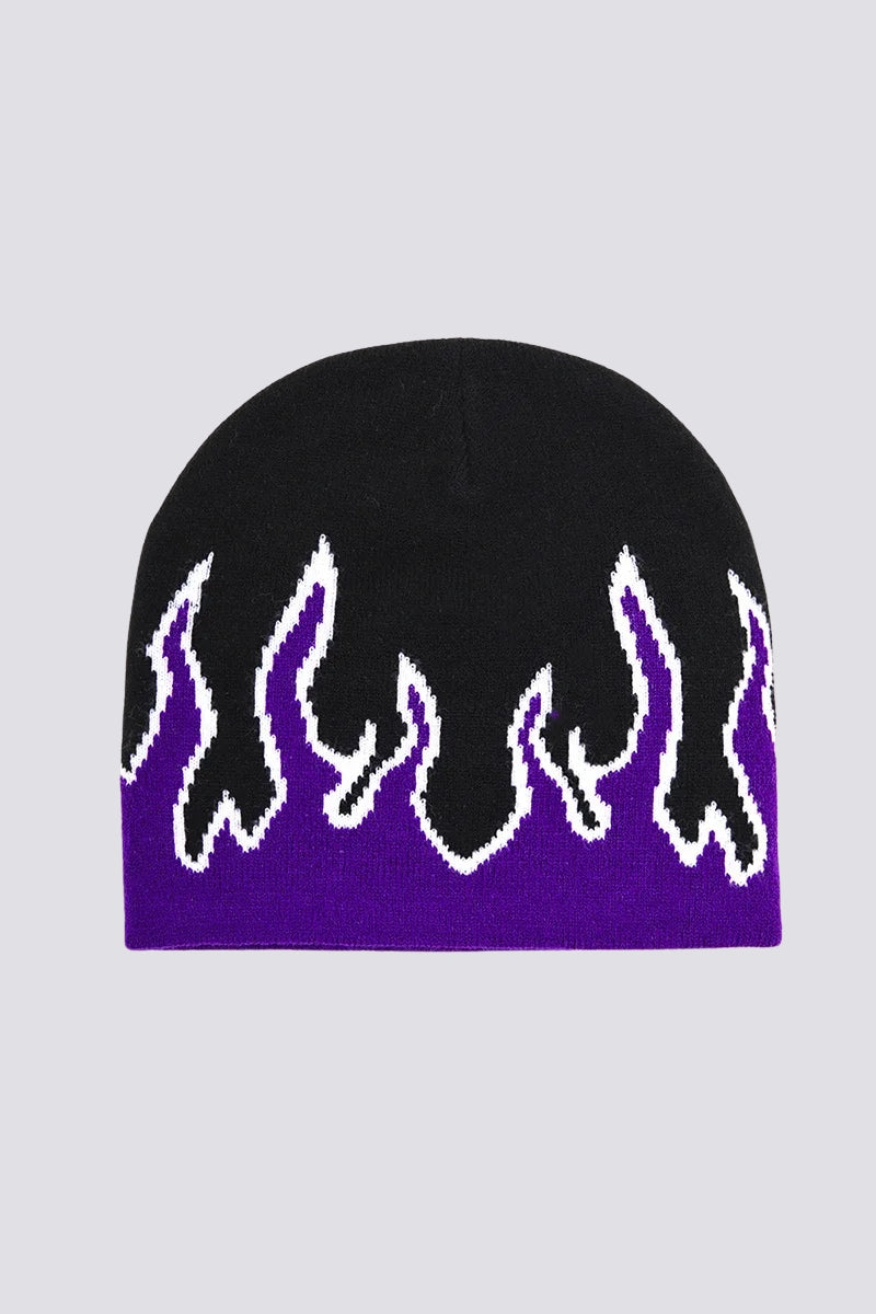 Flame knit beanie worn - Tokyo streetwear winter cap, unisex fit