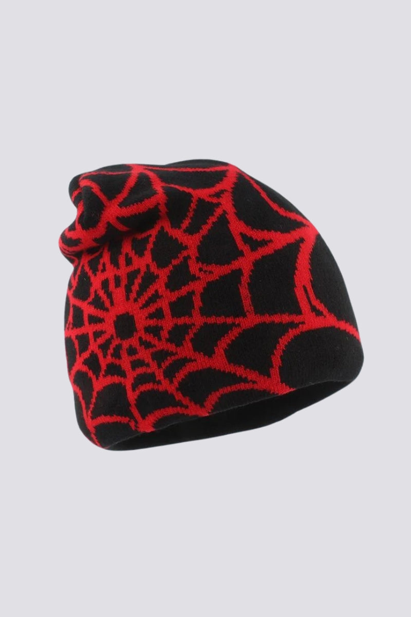 Spider web beanie - Japanese streetwear knit hat, red jacquard weave