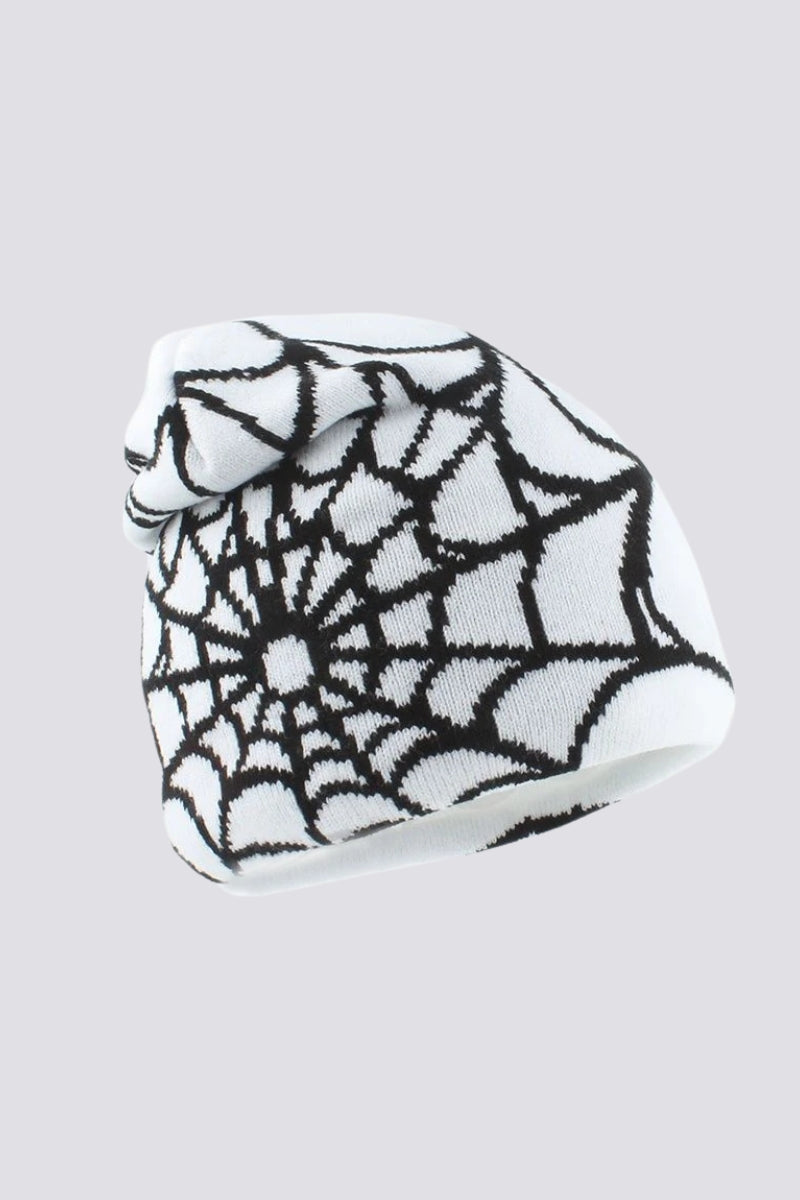 Spider web beanie close-up - punk knit beanie with woven web pattern