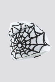 Spider web beanie close-up - punk knit beanie with woven web pattern