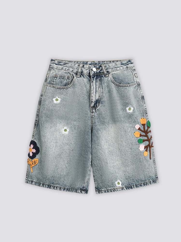 Embroidered Denim Shorts