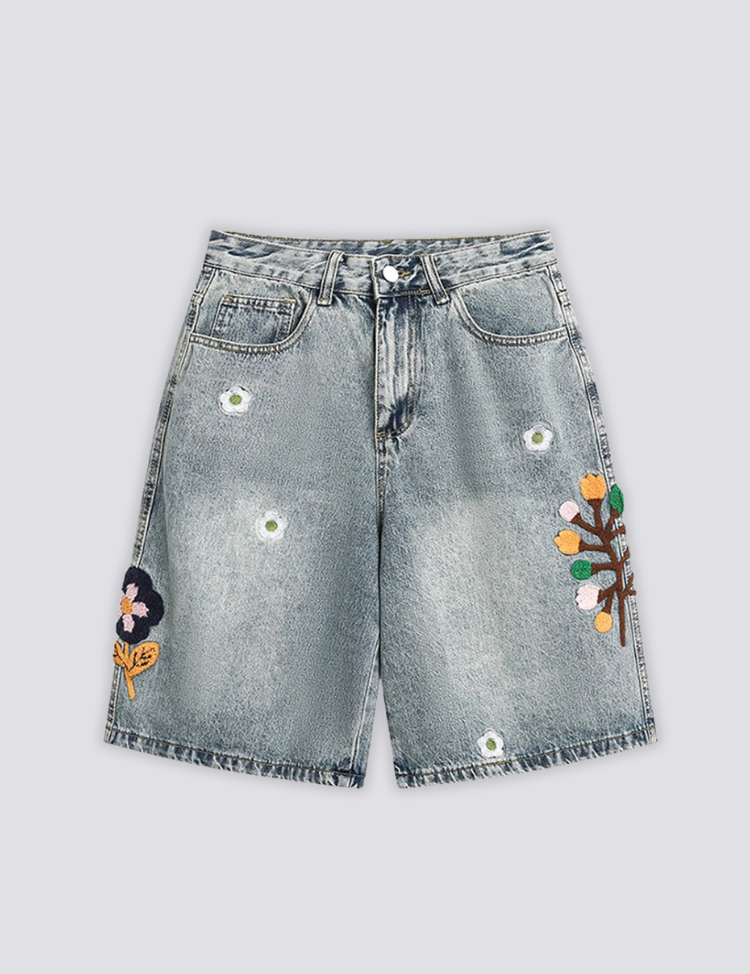 Embroidered Denim Shorts