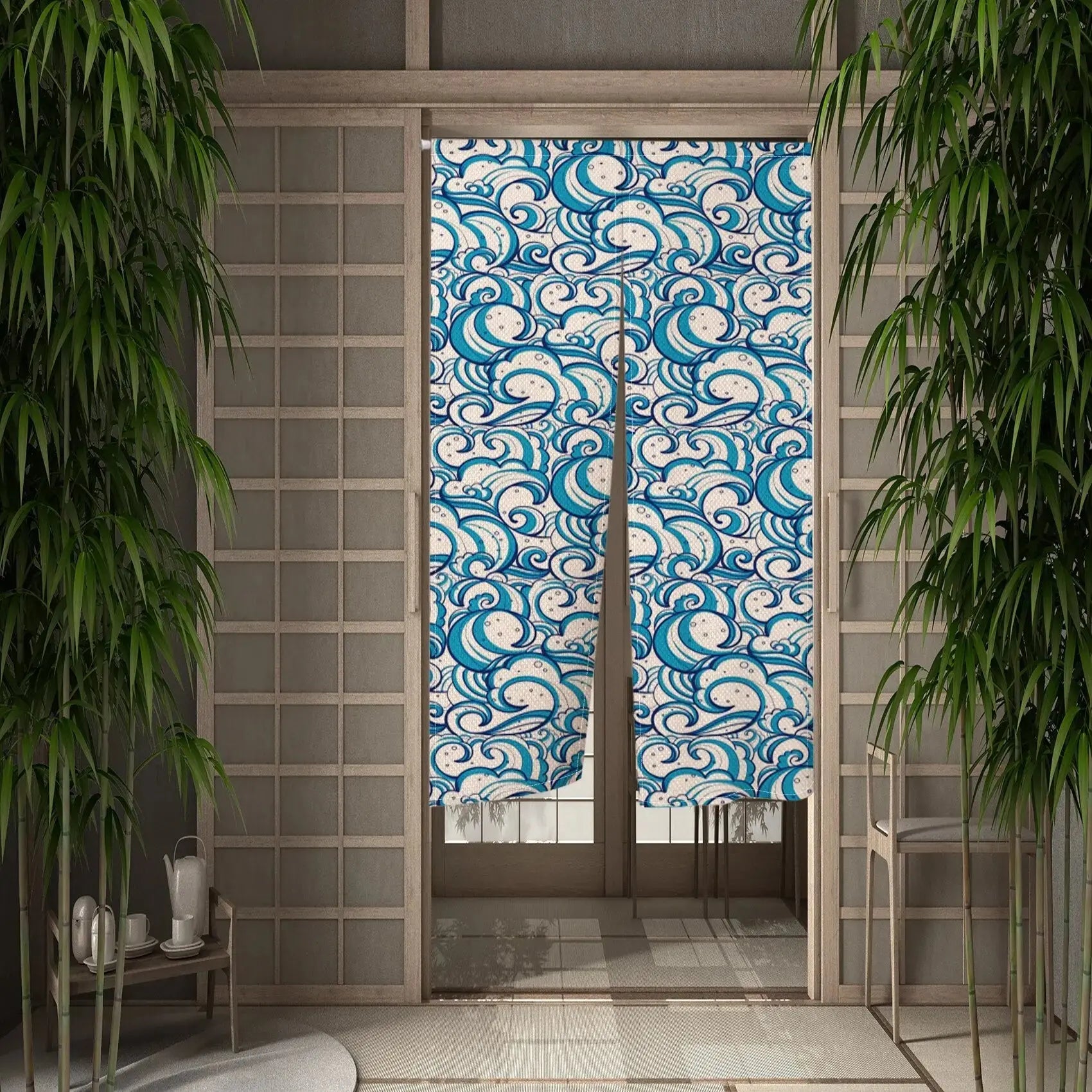 Japanese Noren with blue and white floral pattern