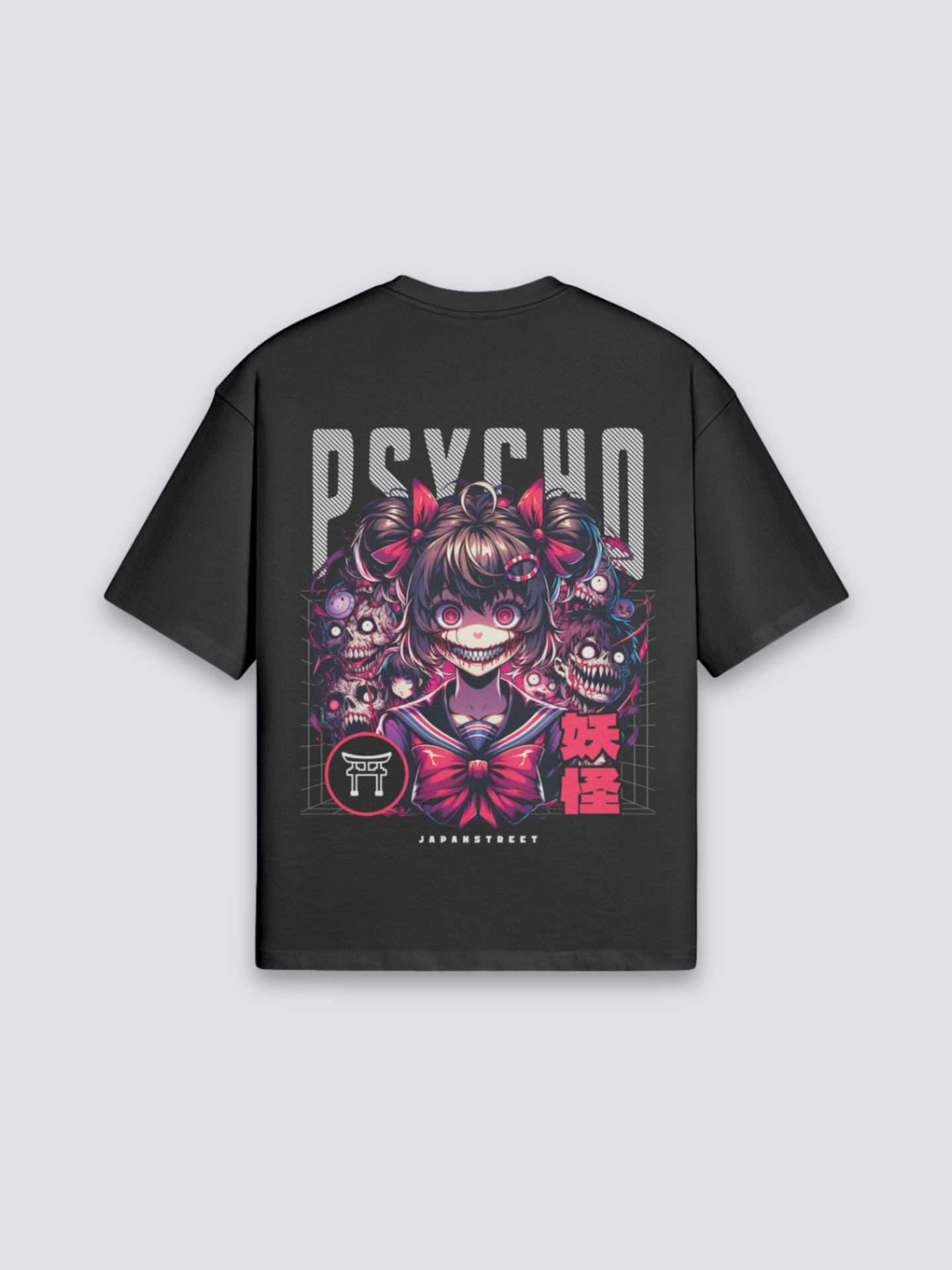Japanese Anime T-Shirt - まんが — Psycho heroine and demons back print