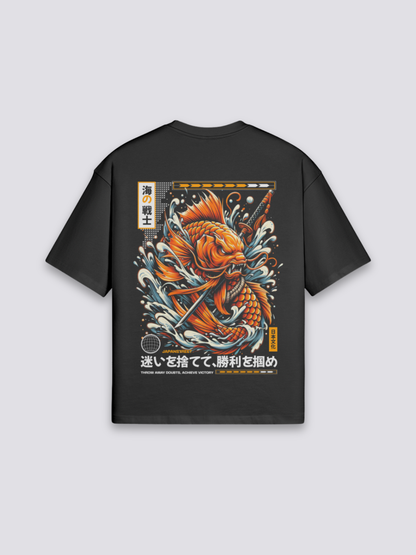 Japanese Graphic T-Shirt - ランチュウ — orange koi and waves poster back print