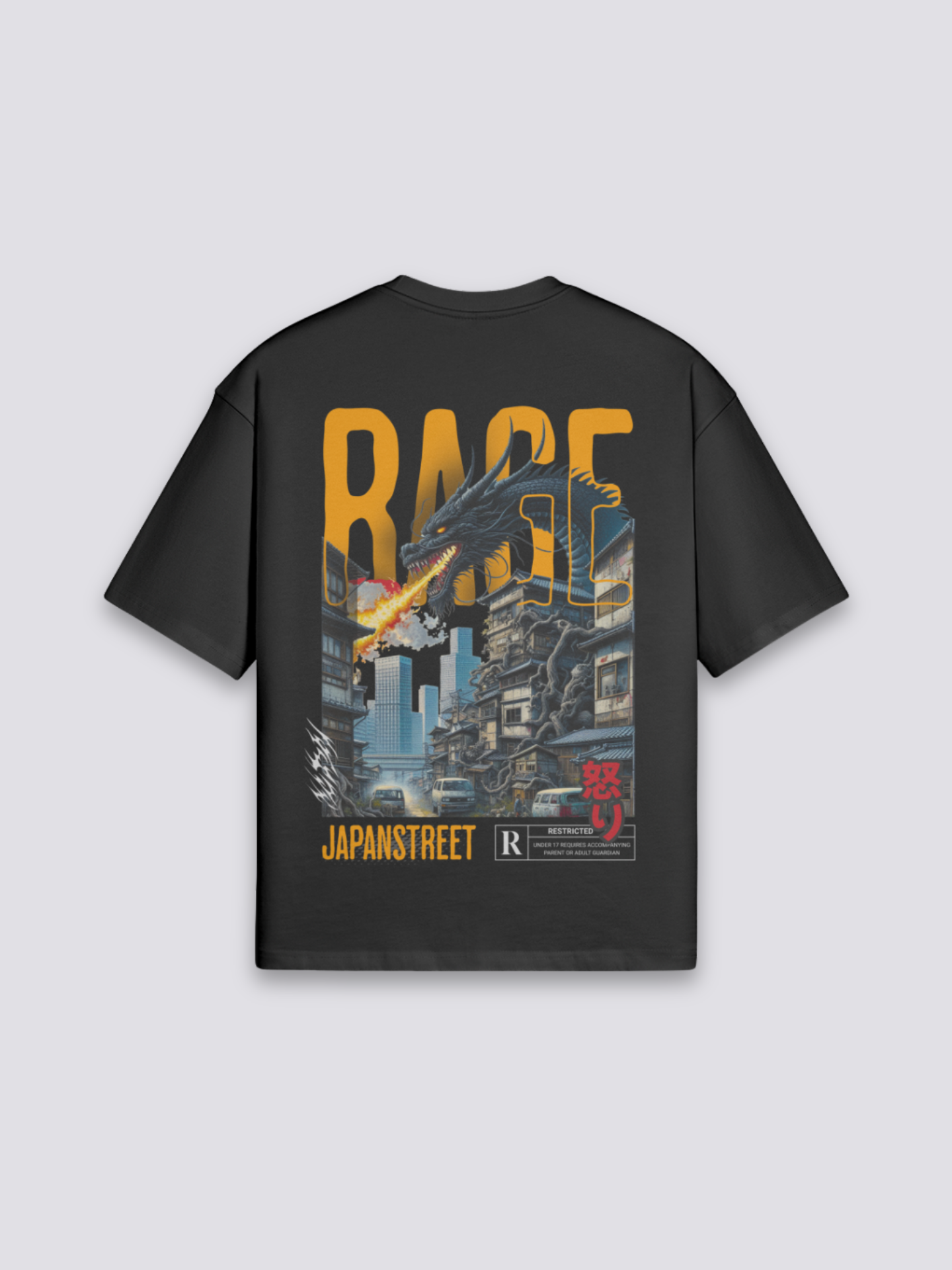Japanese Men T-Shirt - アタック — Rage kaiju and city back print