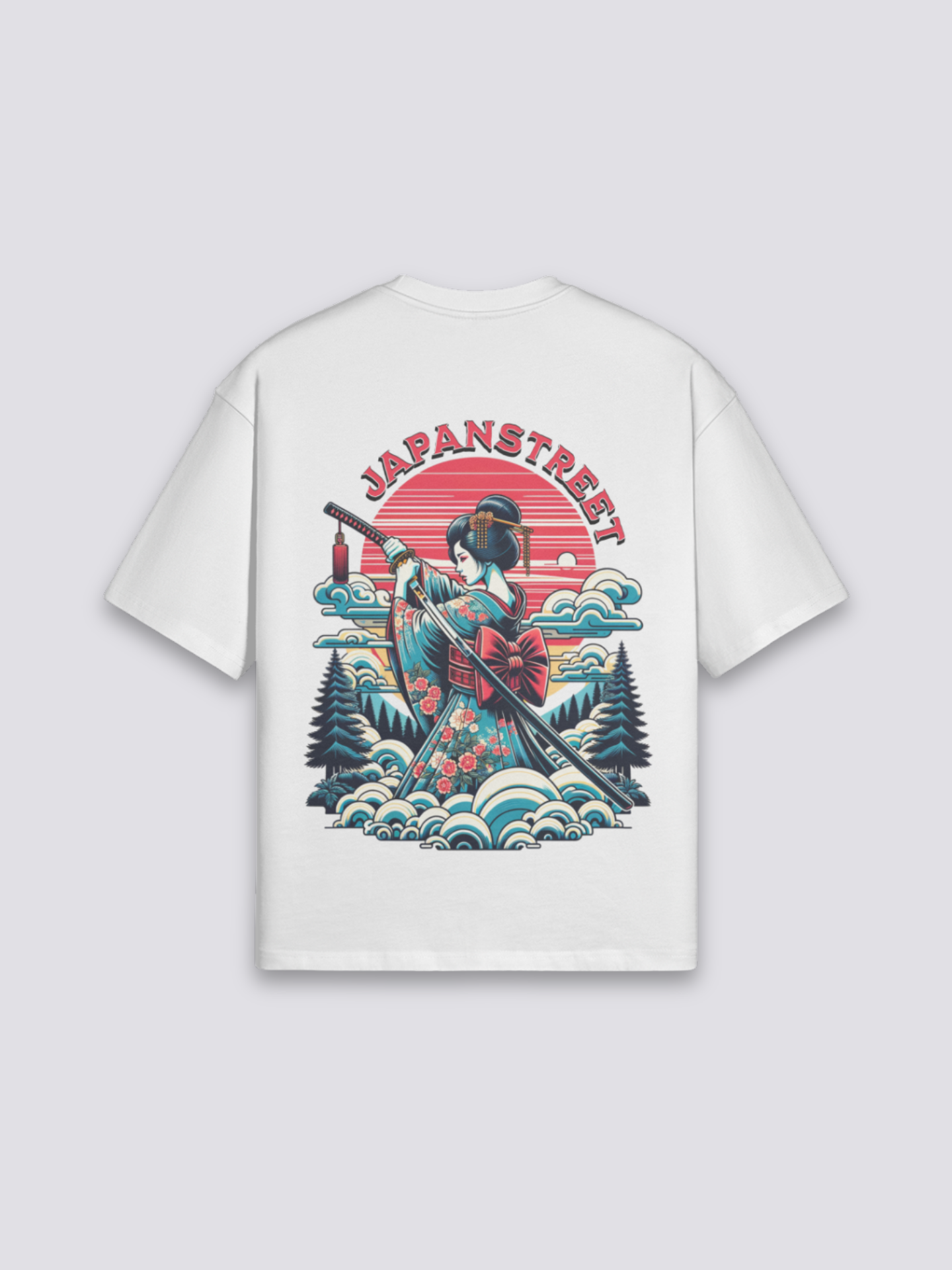 Japanese Print T-Shirt - げいしゃ — geisha, wave and sun back print