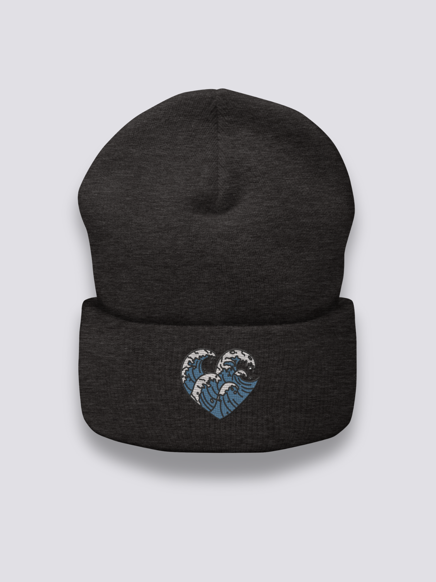 Close-up of beanie with wave print fabric and craftsmanship