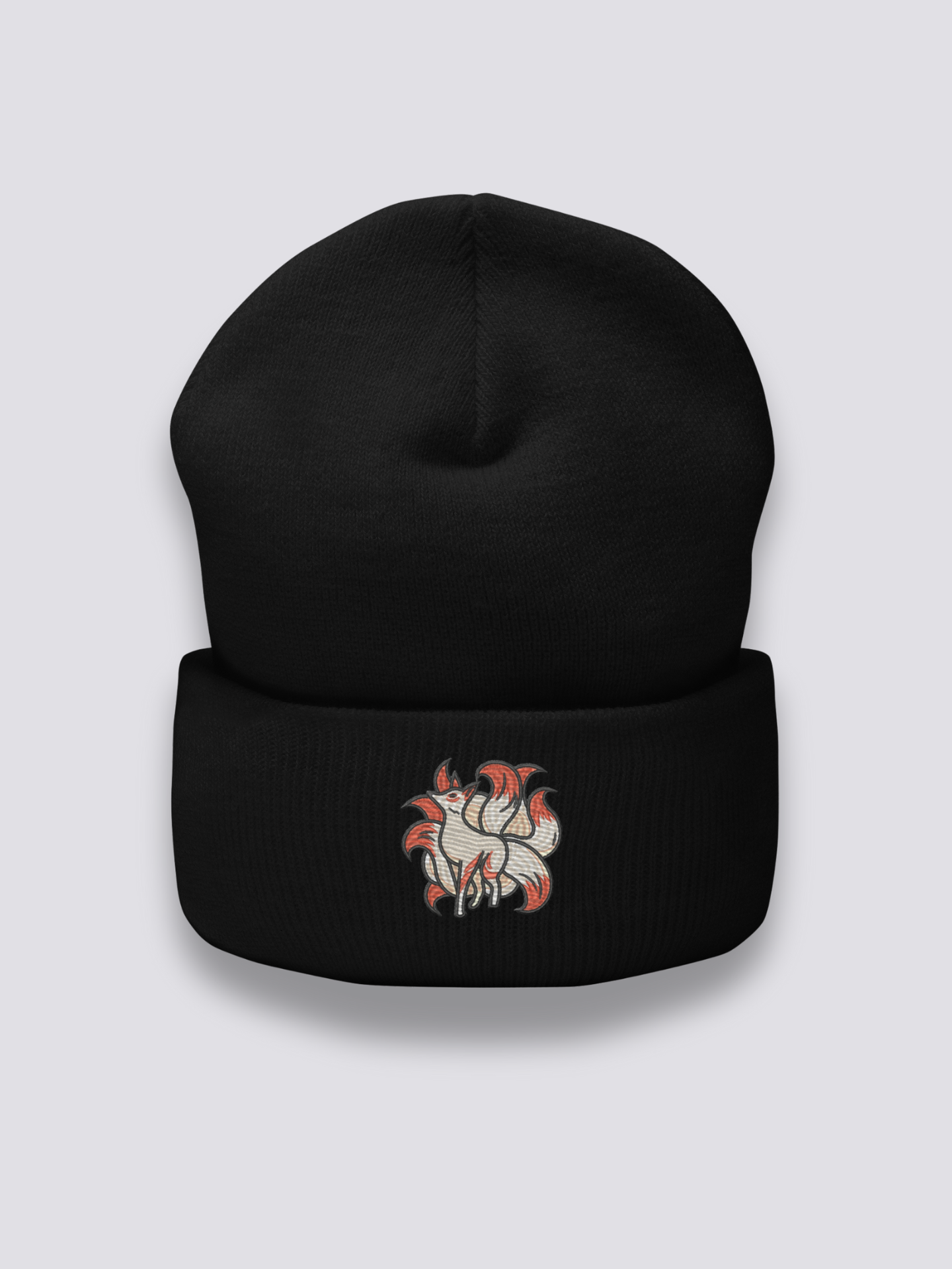 Close-up of beanie with Kitsune motif fabric and craftsmanship