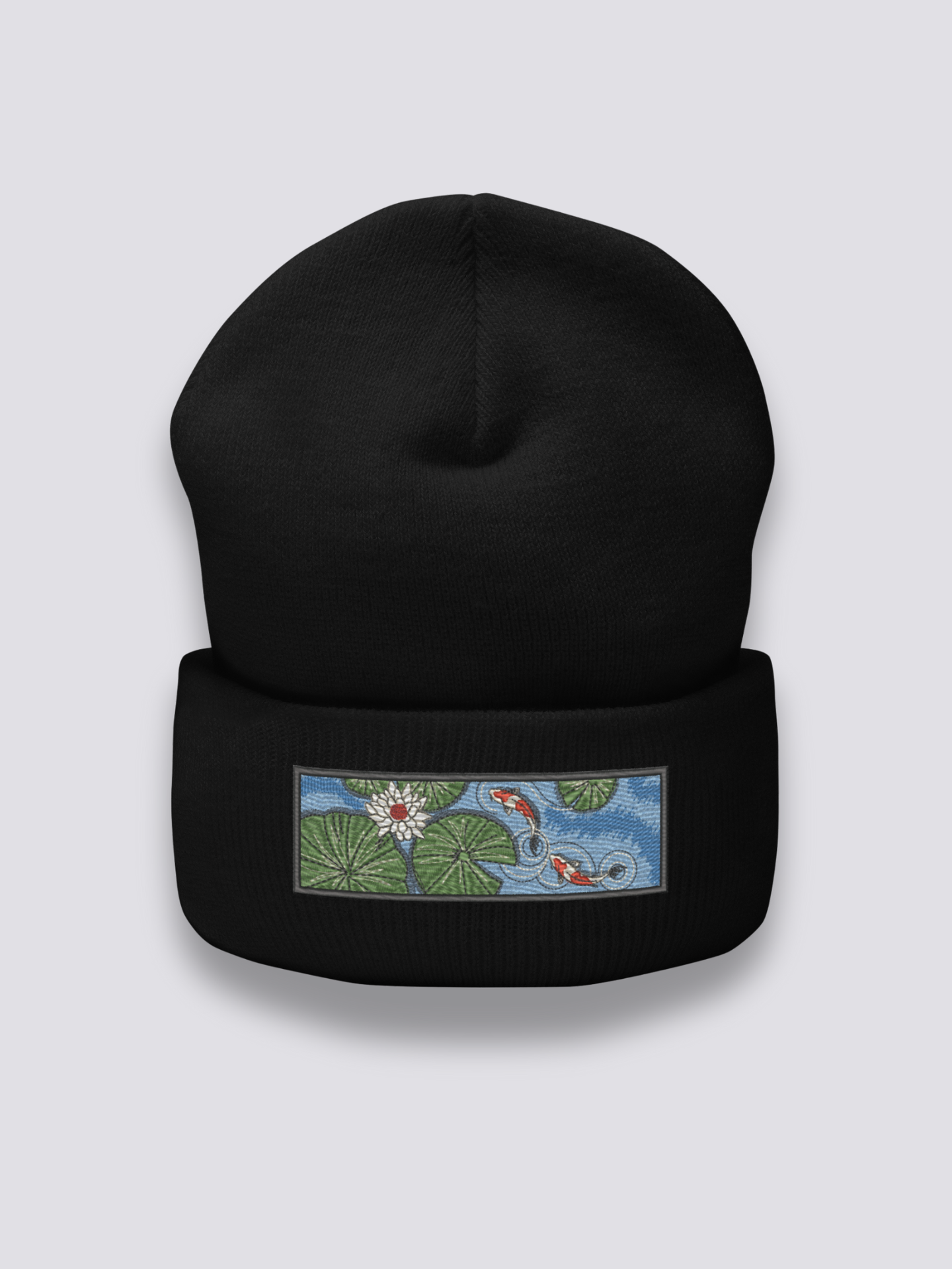 Close-up of beanie with koi print fabric and craftsmanship