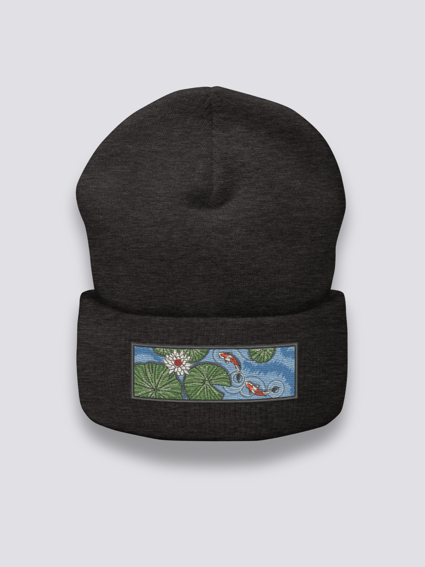 Back view of beanie with koi print