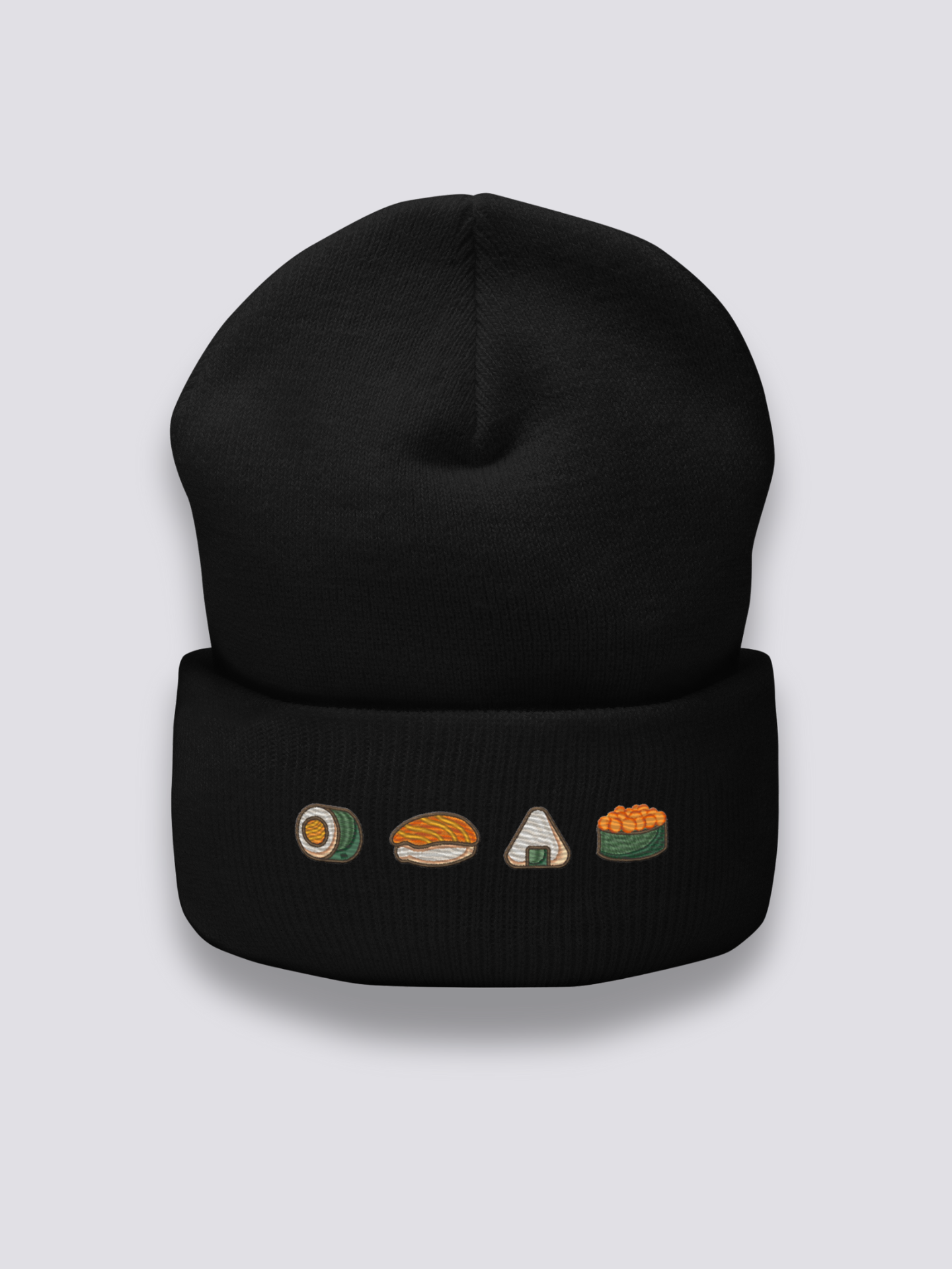 Close-up of beanie with oni motif fabric and craftsmanship
