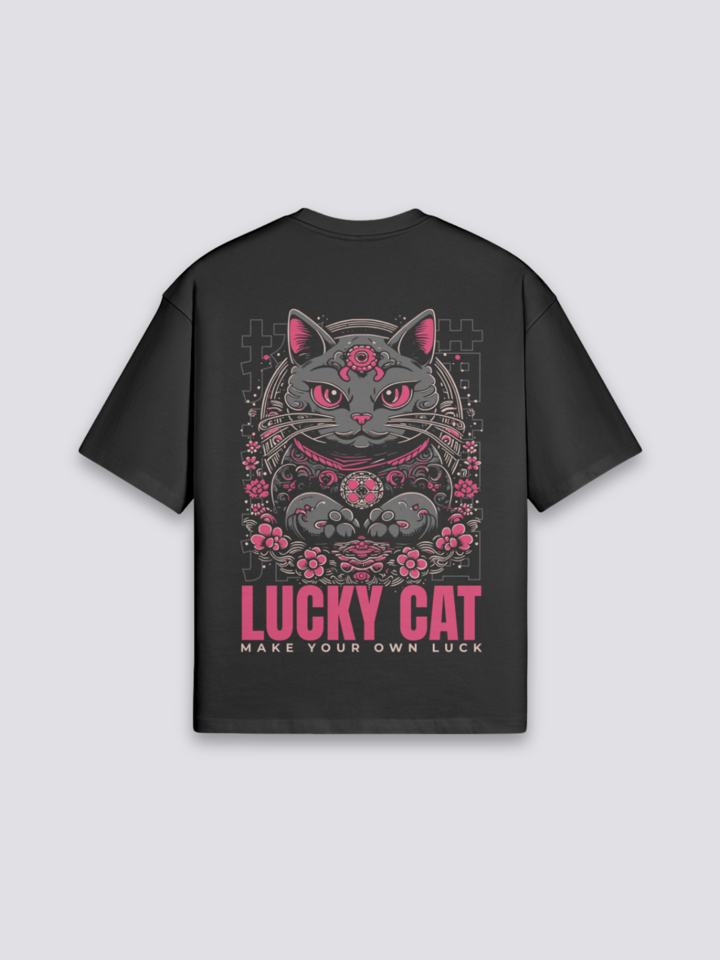 Maneki Neko T-Shirt - 招き猫 — seated lucky cat and sakura back print