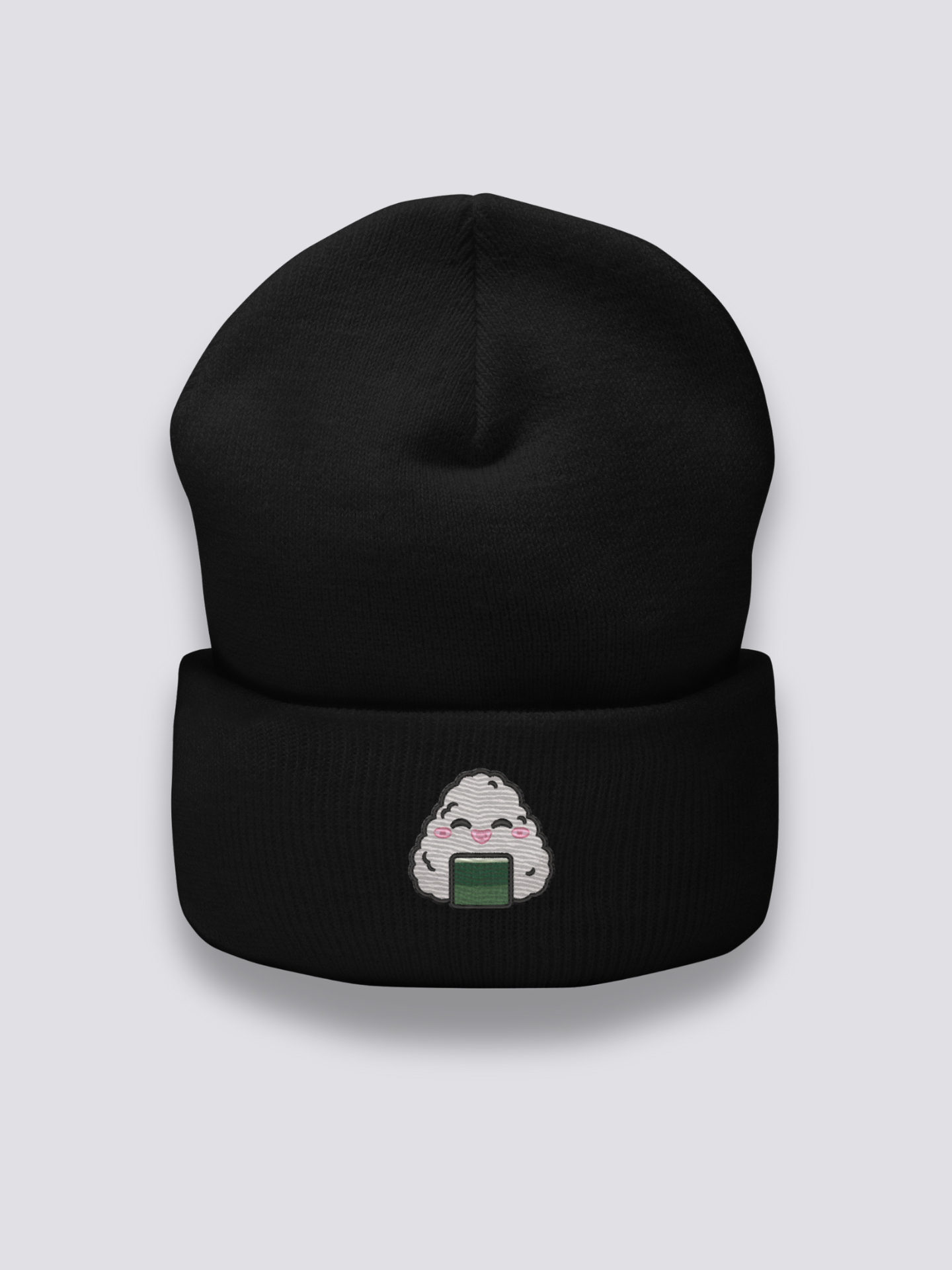 Close-up of beanie with oni motif fabric and craftsmanship