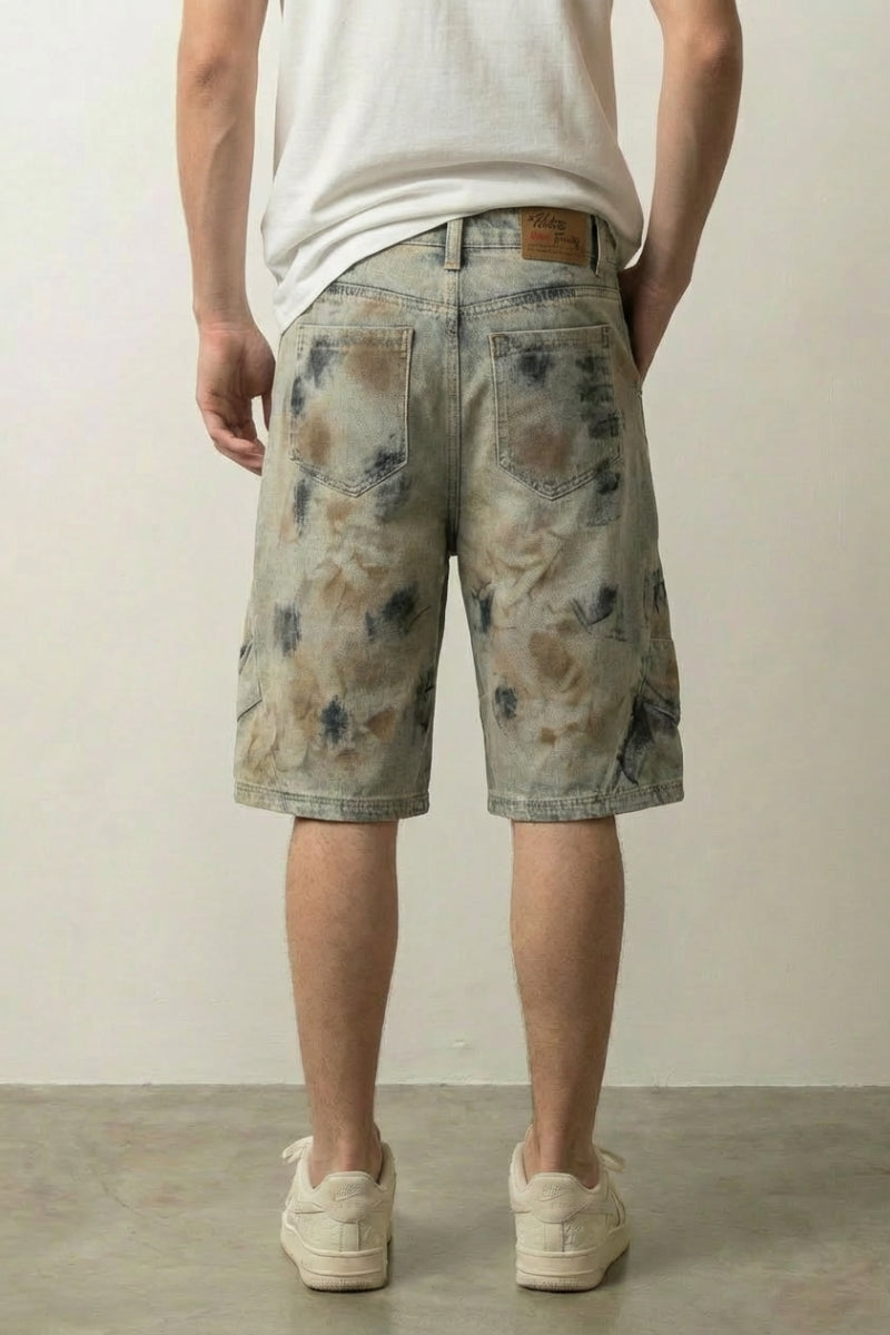 Acid wash denim shorts styled retro look