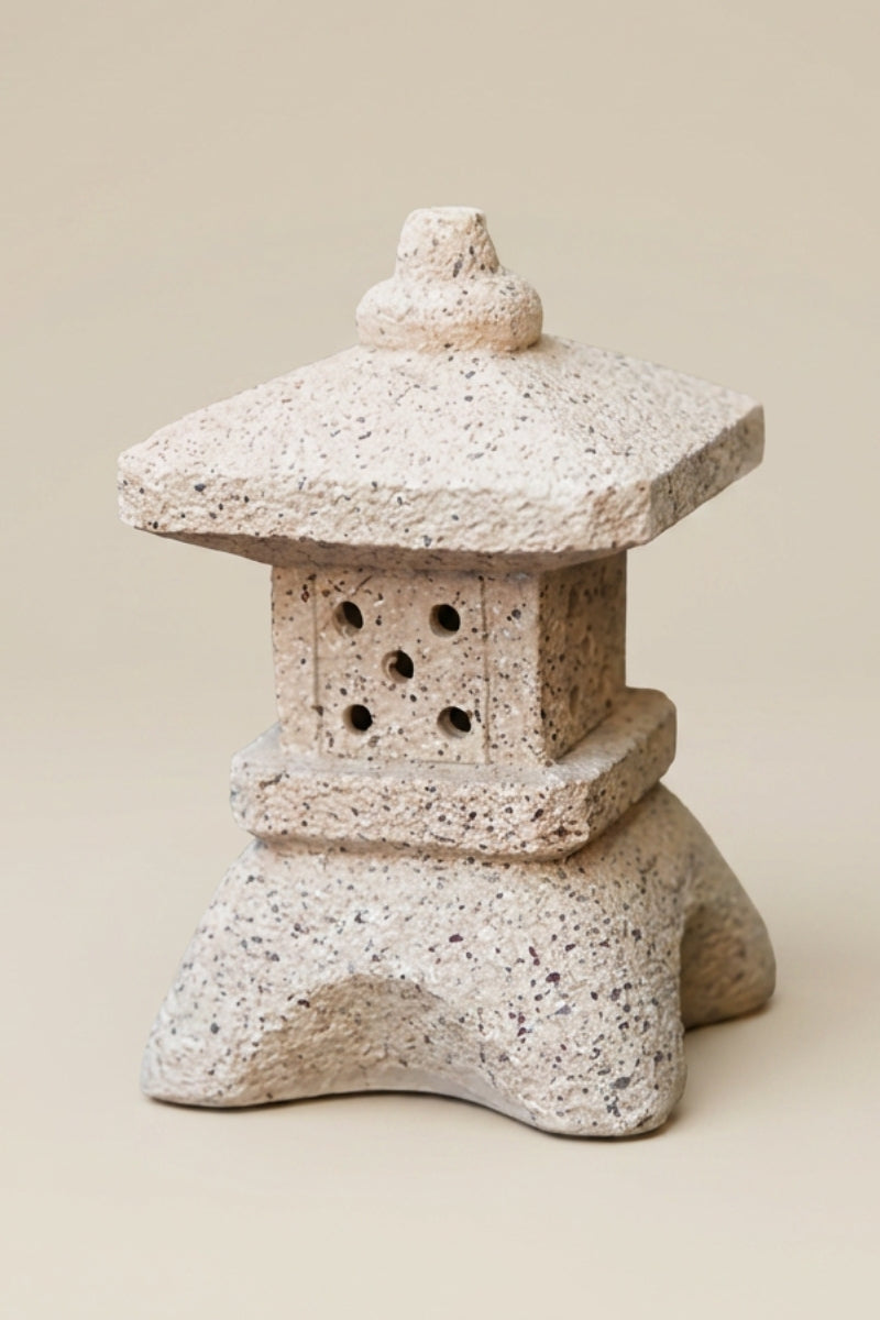 Antique Japanese lantern — Japanese stone garden lantern, a pale weathered stone garden lantern with a pagoda roof, antique finish