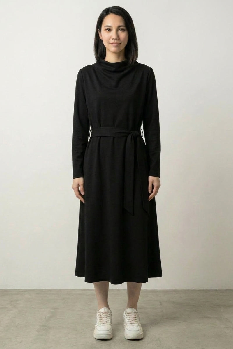 Asymmetric fashion Japanese dress, second colorway in black with cowl stand collar and self-tie belt