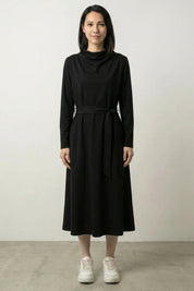 Asymmetric Fashion Japanese Dress 'Akiko' — cowl-neck dress with a tie waist, in brown and black
