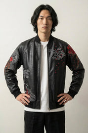 Authentic Sukajan 'Akaryu' — all-black sukajan, tonal dragon and red blossom embroidered