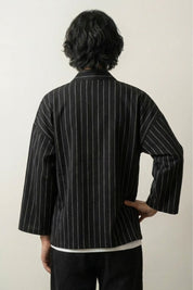 Black and White Kimono Jacket 'Kaito' — The black kimono pinstriped like a jacket off a tailor's rail