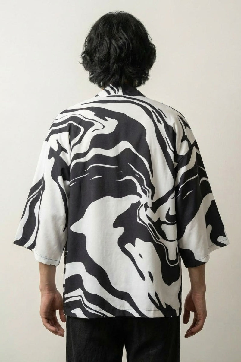 Black and White Kimono 'Kaito Edition' — The black-and-white kimono swirled like ink dropped in water