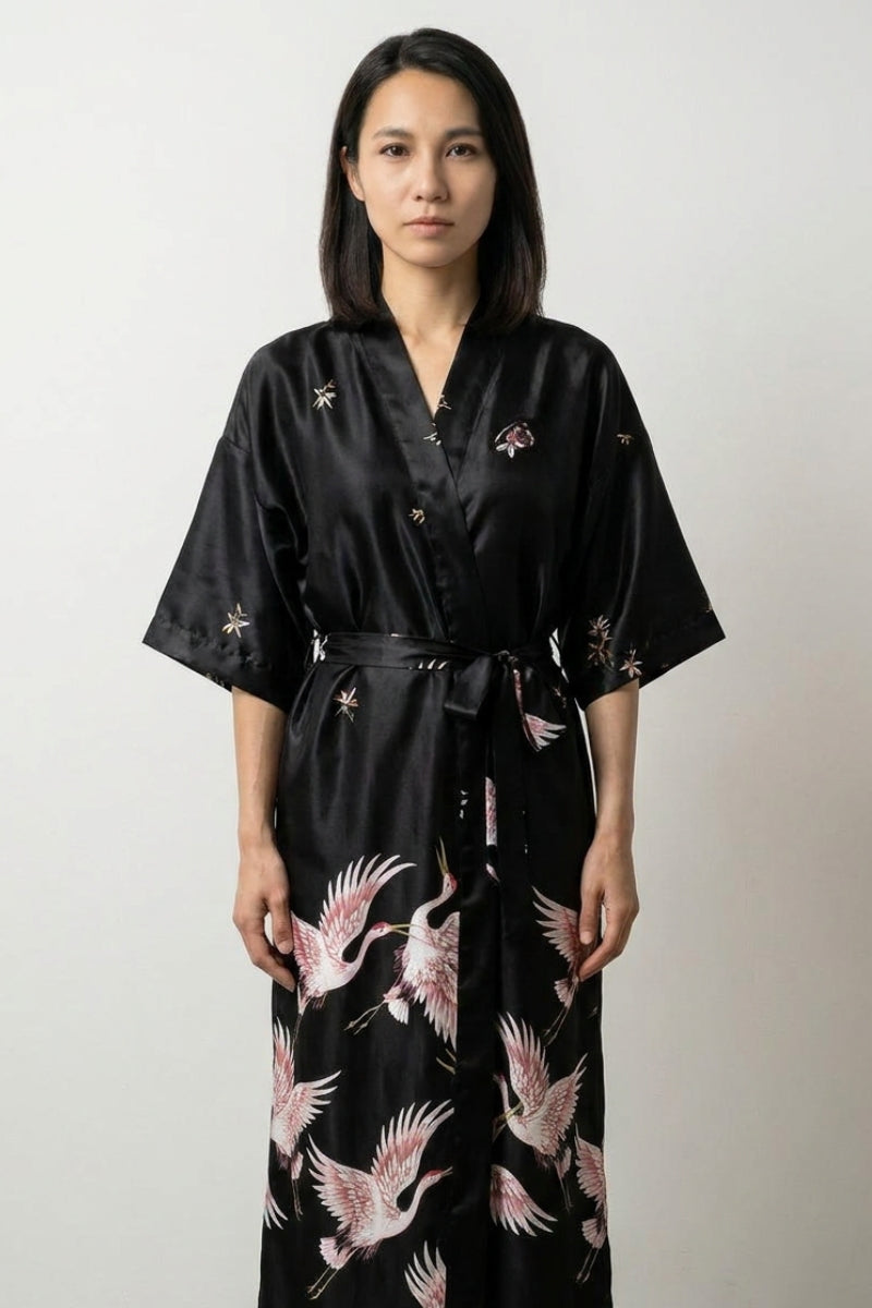 Black Crane Long Japanese Robe 'Tsuruyoru'