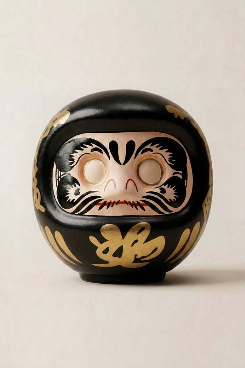 Black daruma doll with gold calligraphy and blank white eyes, traditional Japanese good-luck charm