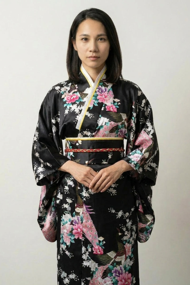 Black Japanese kimono for women with peacock, peonies and silver sakura print on deep black satin