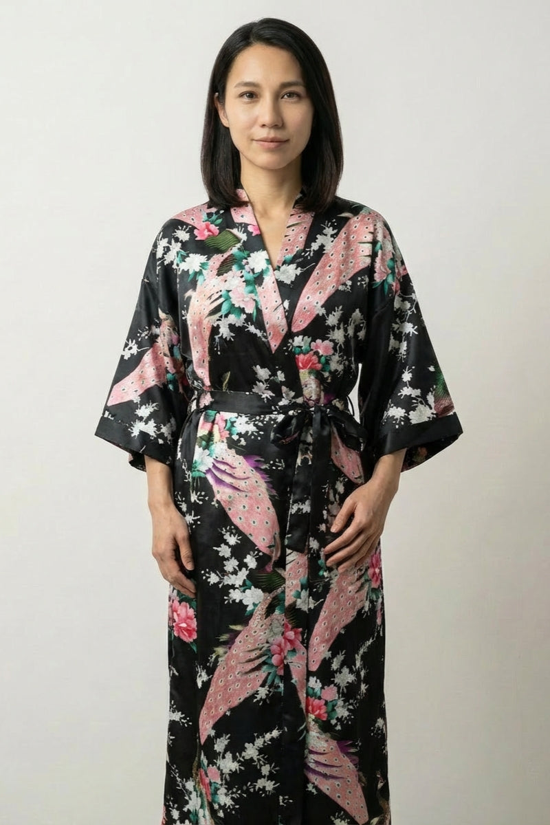 Black Japanese kimono robe for women with peacock, peony and sakura print on deep satin