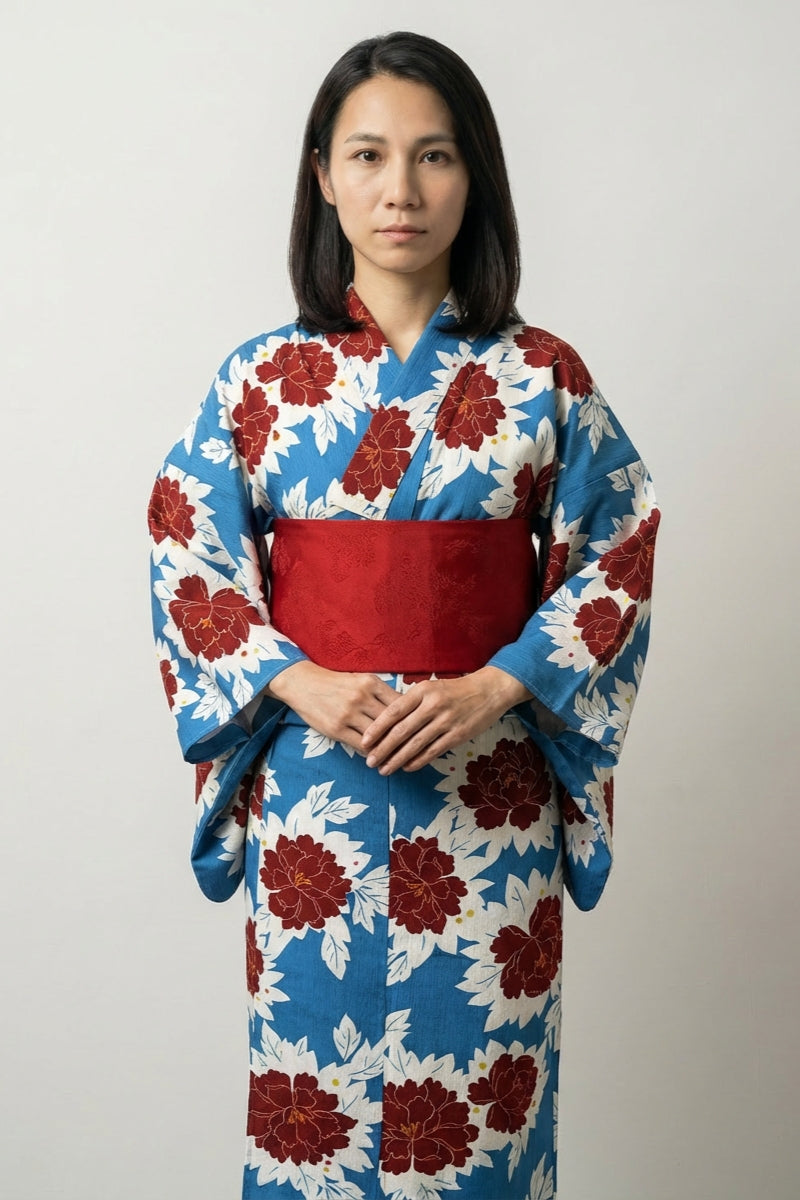 Cobalt blue Japanese yukata with red peony print and burgundy obi belt for women