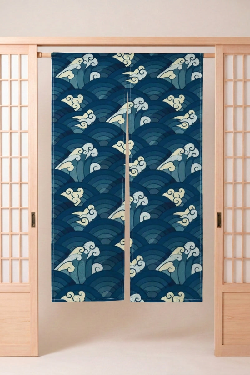 Japanese Noren 'Setoko' — split doorway curtain printed with layered seigaiha arcs in graded blues with curling cream crests, traditional Japanese room divider
