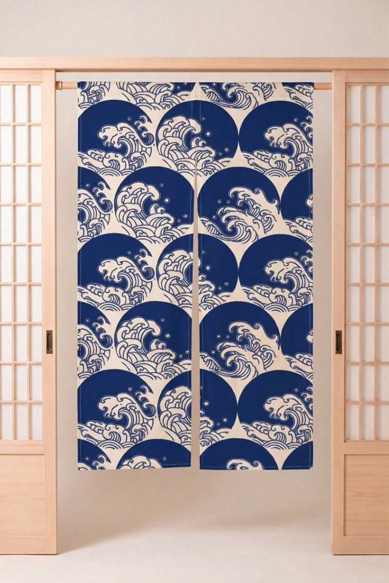 Japanese Noren 'Yasumi' — split doorway curtain printed with detailed blue-and-white breaking ocean waves in woodblock style, traditional Japanese room divider