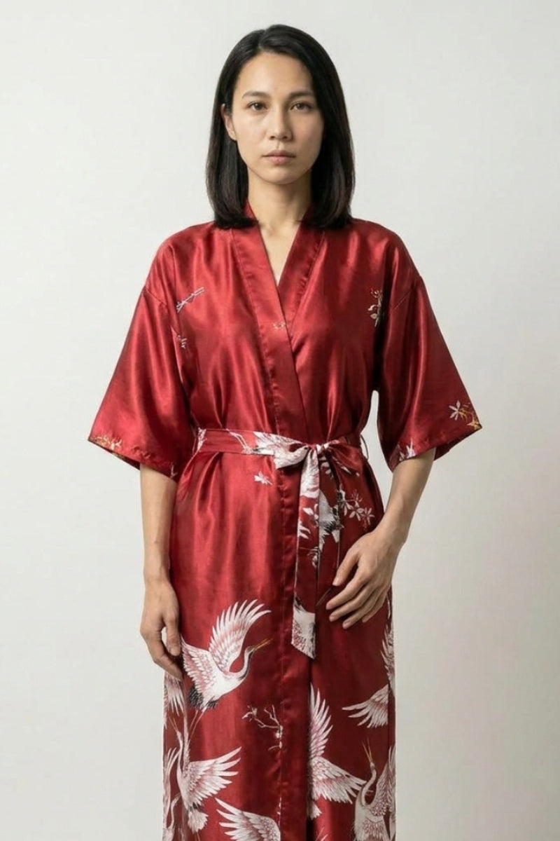 Bordeaux Crane Long Kimono Robe 'Tsurubeni' | Japan Clothing