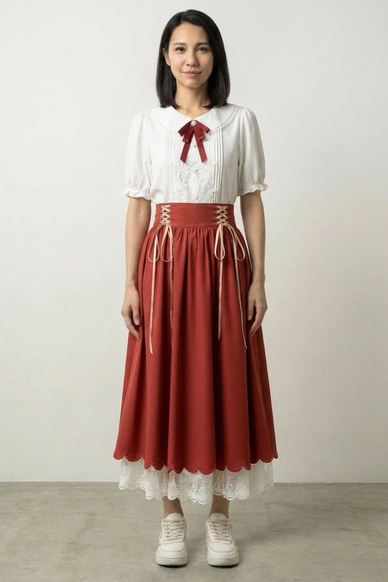 Brick red ladies Japanese dress set with cream peter-pan collar top, bordeaux ribbon bow and high-waist red skirt