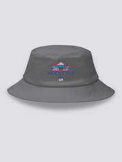 Grey bucket hat with an embroidered Mount Fuji scene framed by a torii, a pagoda, a red sun and cherry blossom above MOUNT FUJI lettering