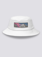 Khaki bucket hat with an embroidered sumi-e patch of Mount Fuji in white and grey with a cherry branch over a slate sky