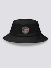 Black bucket hat with an embroidered medallion of Himeji Castle framed by pink cherry blossom branches