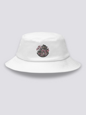 White bucket hat with an embroidered medallion of Himeji Castle framed by pink cherry blossom branches