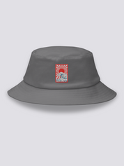 Grey bucket hat with an embroidered rectangular patch of a rayed sun above Hokusai-style waves