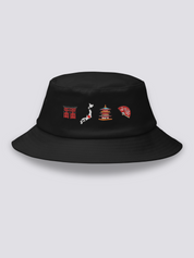 Black bucket hat with embroidered torii gate, Japanese archipelago, five-tier pagoda and folding fan in a row