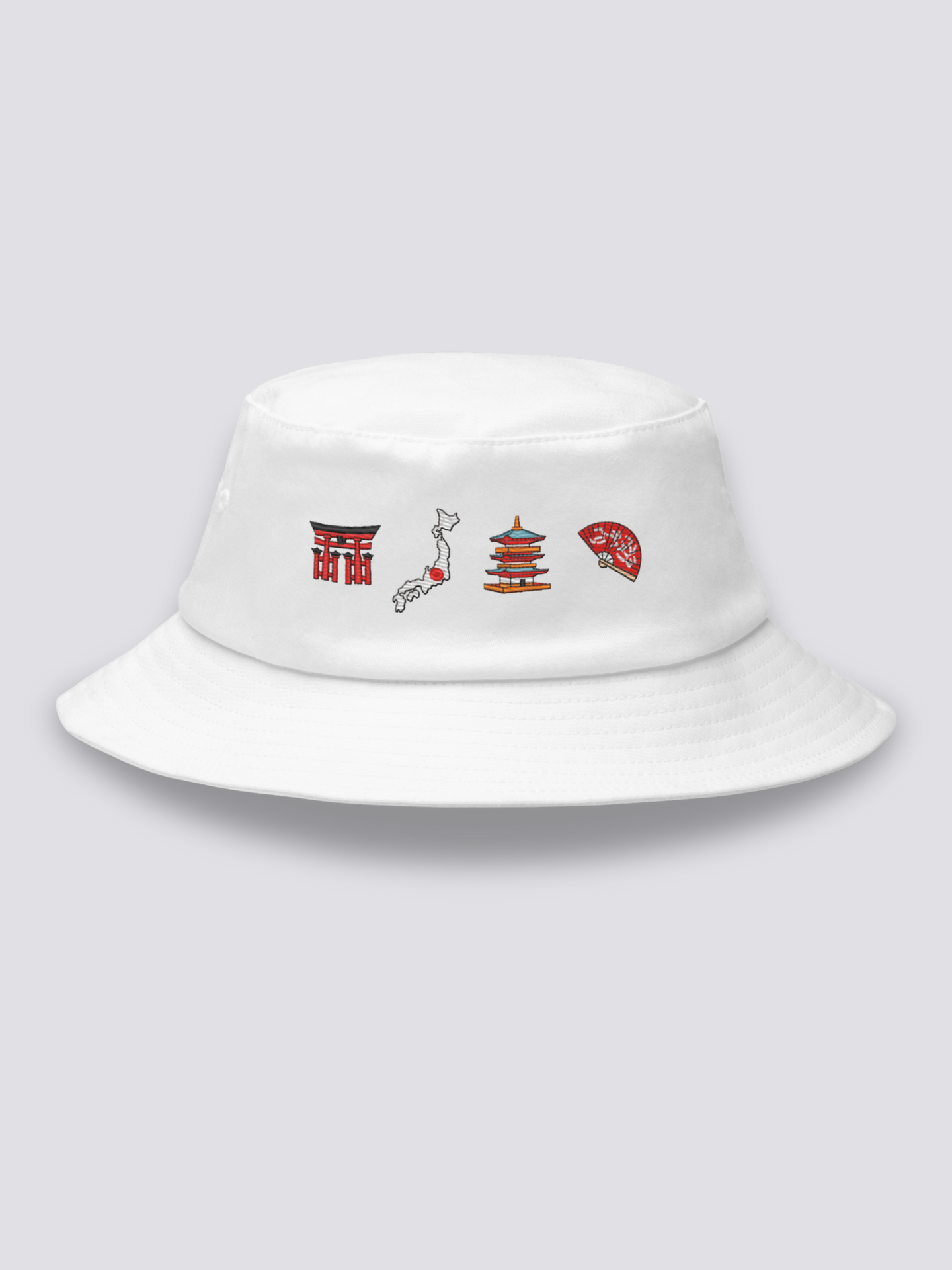 Khaki bucket hat with embroidered torii gate, Japanese archipelago, five-tier pagoda and folding fan in a row