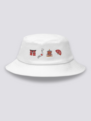 Khaki bucket hat with embroidered torii gate, Japanese archipelago, five-tier pagoda and folding fan in a row