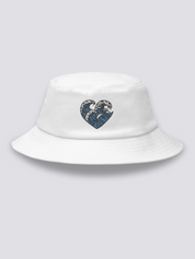 Khaki bucket hat with three embroidered ukiyo-e waves arranged into a heart shape in blue and white