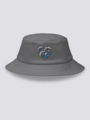 White bucket hat with three embroidered ukiyo-e waves arranged into a heart shape in blue and white