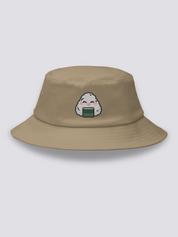 Grey bucket hat with an embroidered smiling kawaii onigiri rice ball with closed eyes, pink cheeks and a band of nori