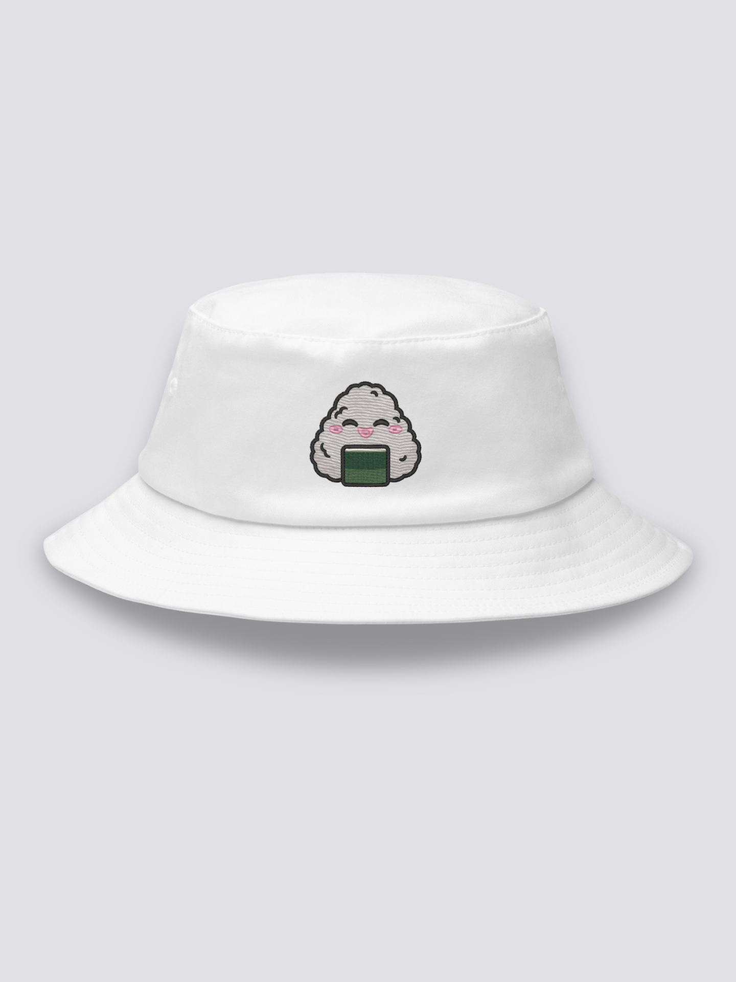 Khaki bucket hat with an embroidered smiling kawaii onigiri rice ball with closed eyes, pink cheeks and a band of nori