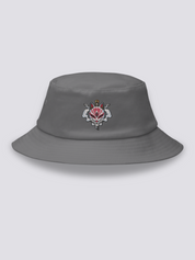 White bucket hat with an embroidered white fox mask pierced vertically by a black katana blade, stylized smoke on both sides