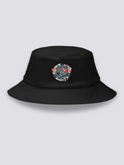 Black bucket hat with an embroidered overhead medallion of koi carp circling a whirlpool around a white lotus